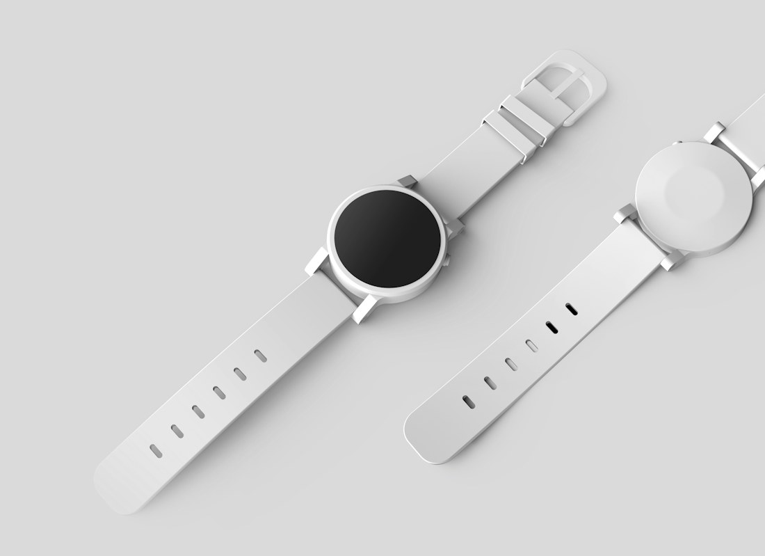 Dos relojes inteligentes Apple Watch con correa clara sobre un fondo gris